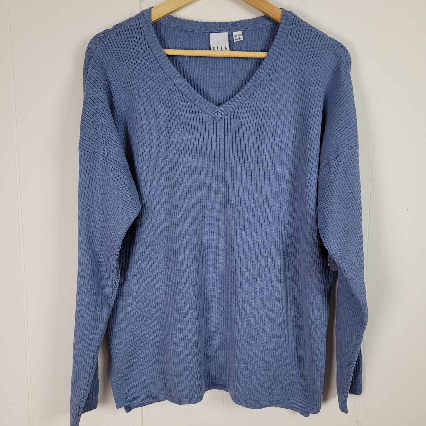 Dusty Blue Ribbed V-Neck Lightweight Sweater - ELLE (Medium)