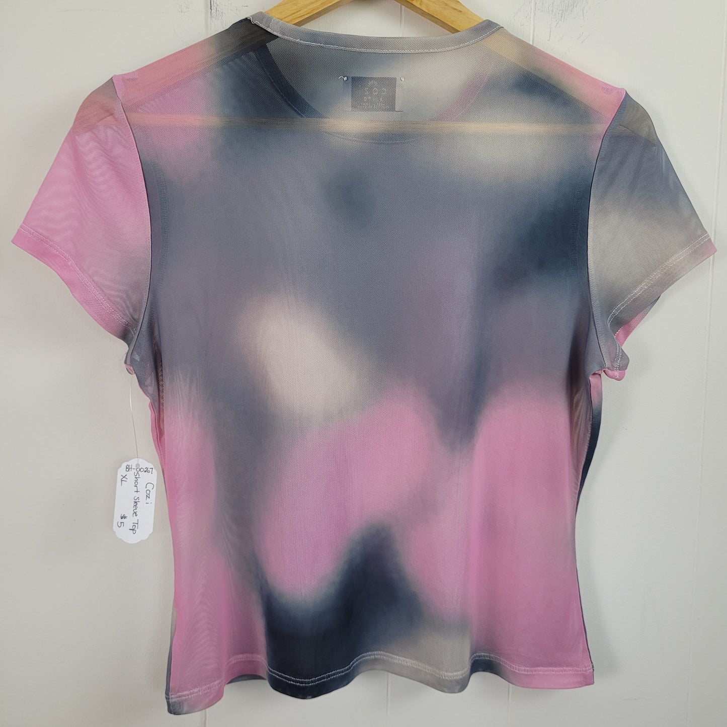 Pink & Grey Abstract Mesh Short Sleeve Top - Cozi (XL)