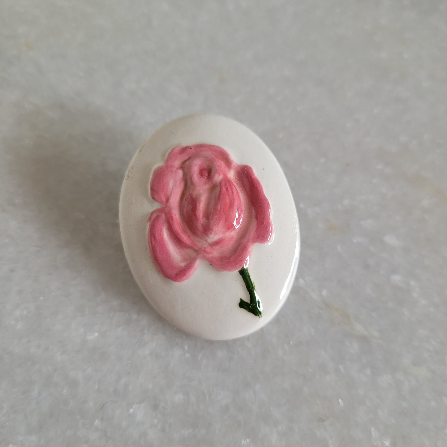 Hand-Painted Pink Rose Oval Brooch