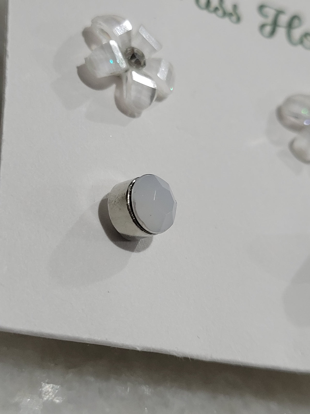 2-Pair White Floral & Faceted Stud Earrings