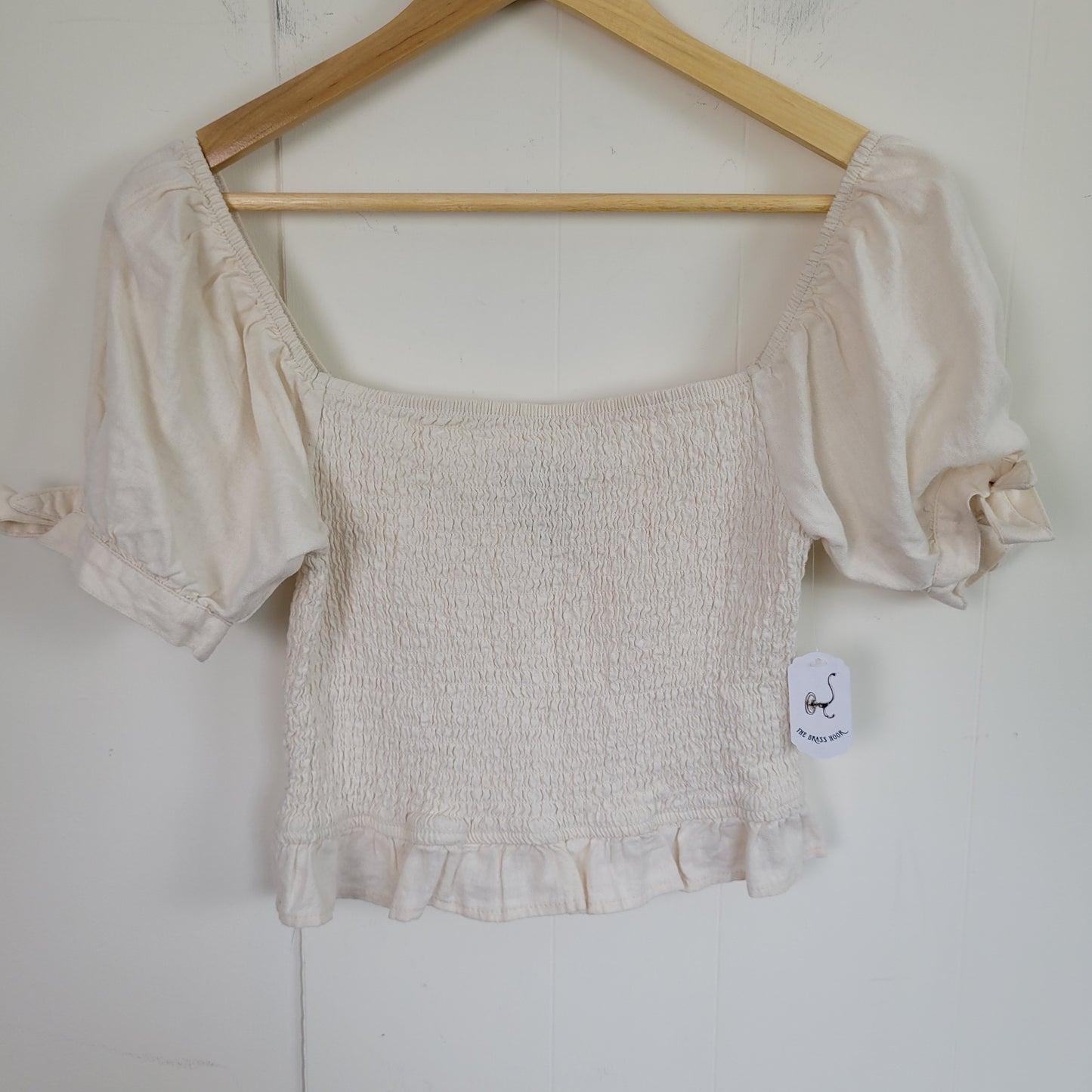 Cream Linen Blend Smocked Puff Sleeve Top - Forever 21 (Large)