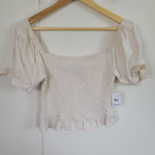 Cream Linen Blend Smocked Puff Sleeve Top - Forever 21 (Large)