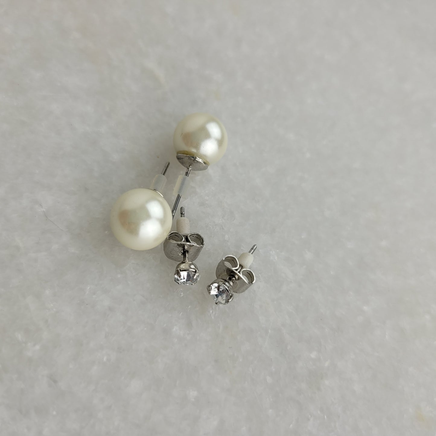 2-Pair Stud Earring Set - Faux Pearl & Clear Crystal
