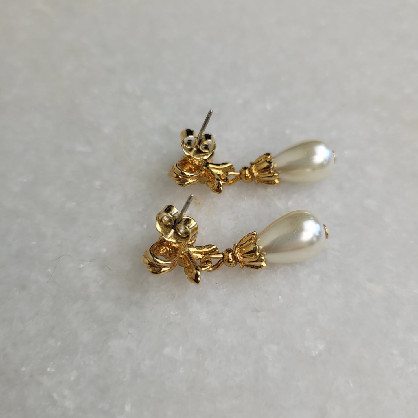 Gold Tone Bow Faux Pearl Drop Earrings