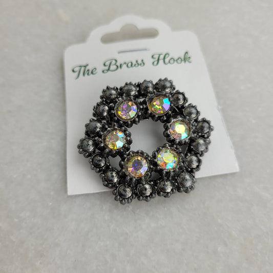 Vintage Silver-Tone Aurora Borealis Rhinestone Floral Circle Brooch