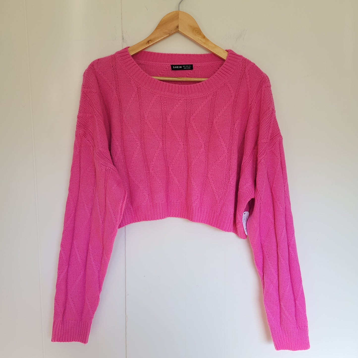 Hot Pink Cropped Cable Knit Sweater - SHEIN (Size S)
