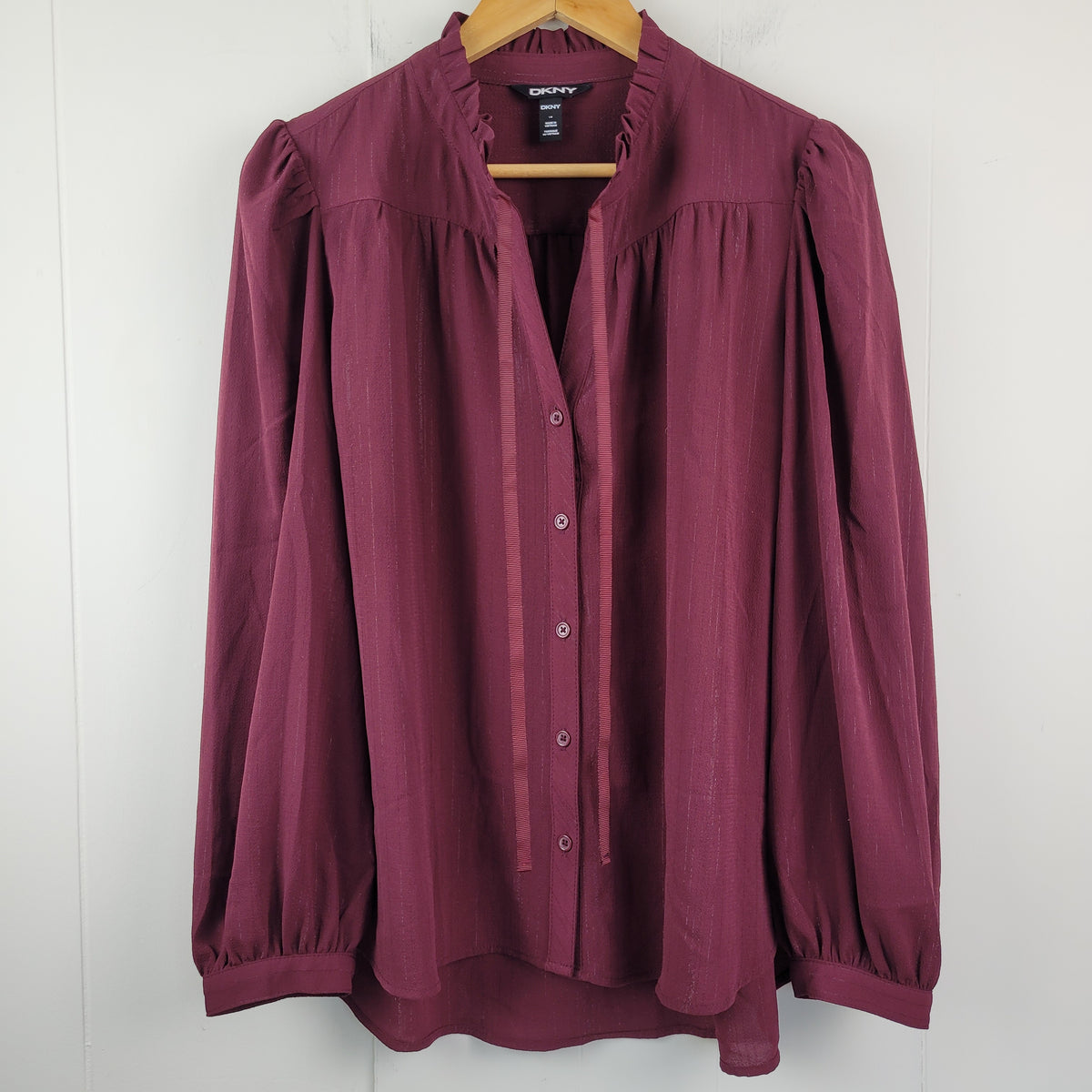 Burgundy Ruffle Neck Button-Front Blouse - DKNY (Size L)