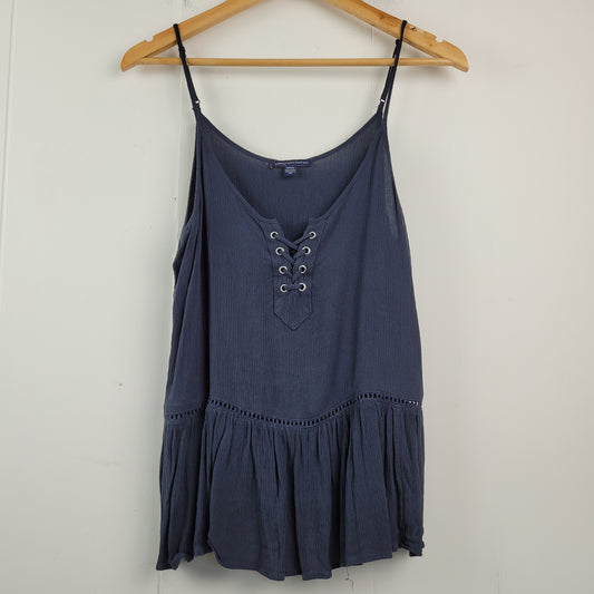 Navy Lace-Up Peplum Tank Top - American Eagle (Size M)