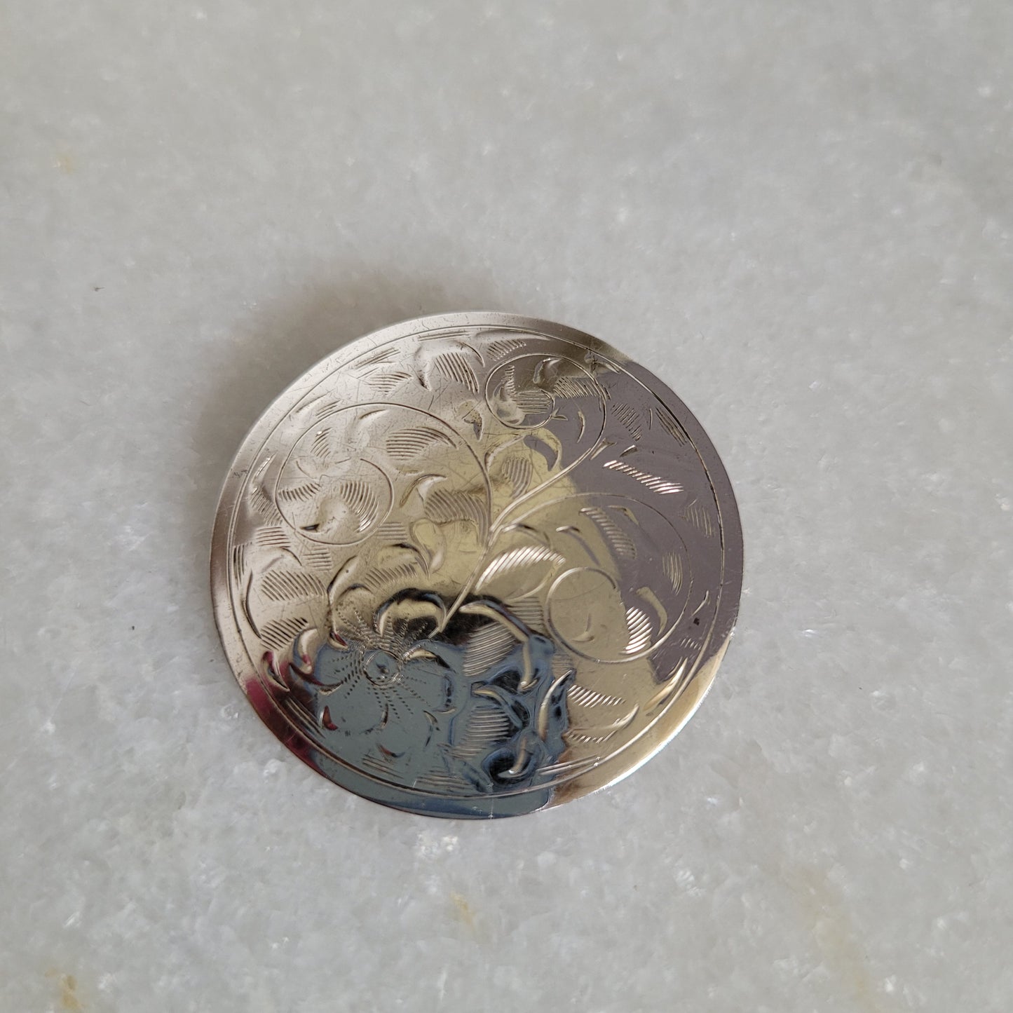 Vintage Sterling Silver Engraved Round Brooch