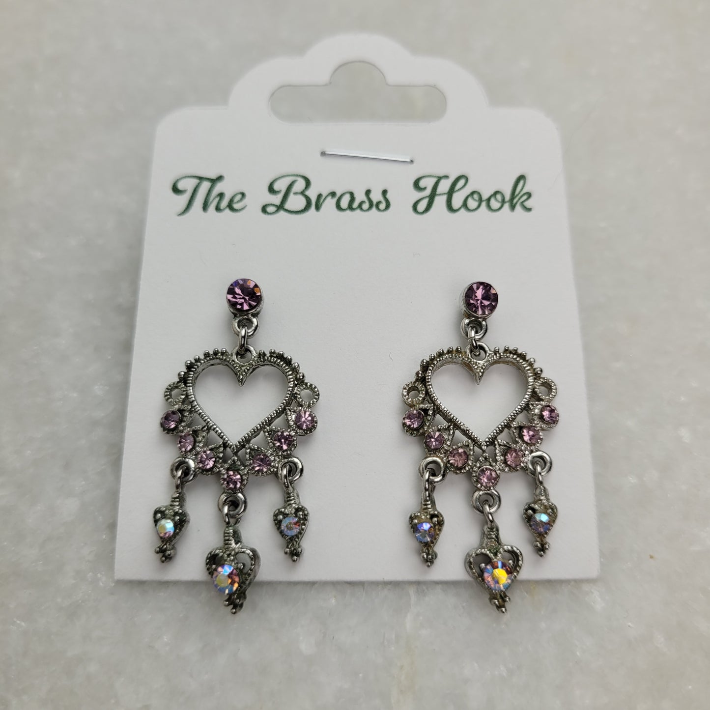 Silver Tone Pink Rhinestone Heart Chandelier Earrings