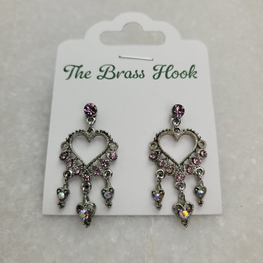 Silver Tone Pink Rhinestone Heart Chandelier Earrings