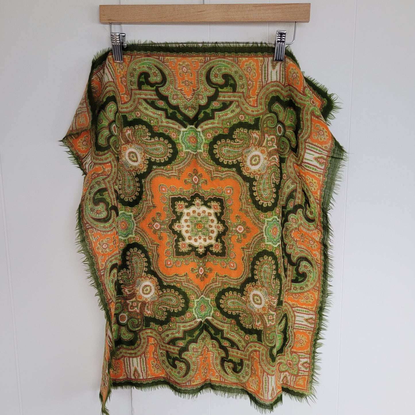 Green & Orange Vintage Wool Paisley Scarf