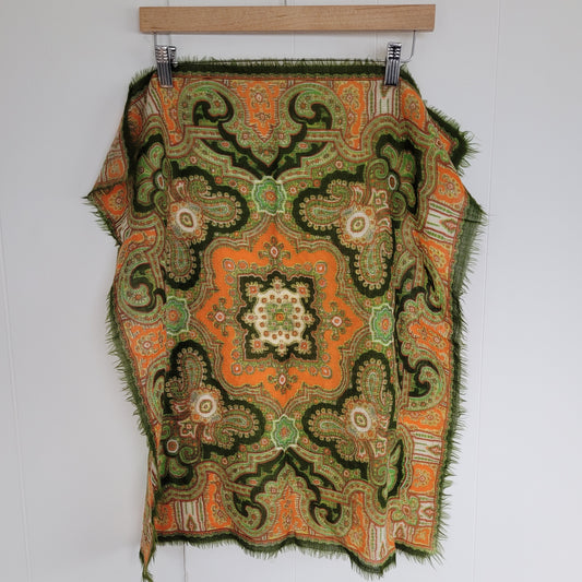 Green & Orange Vintage Wool Paisley Scarf