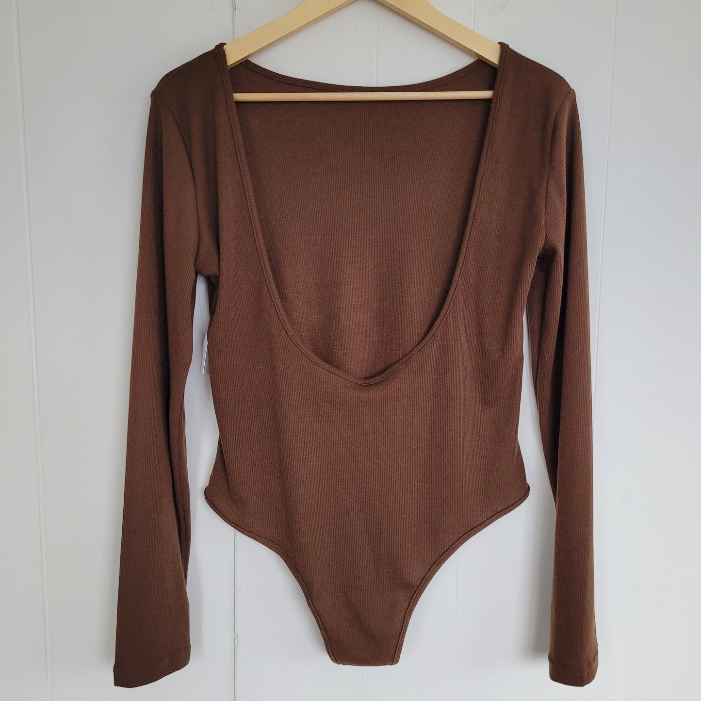Brown Ribbed Open Back Long Sleeve Bodysuit - Unbranded (Large)