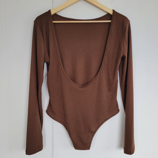 Brown Ribbed Open Back Long Sleeve Bodysuit - Unbranded (Large)