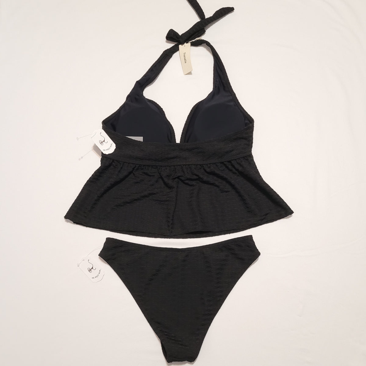 Black Textured Halter Tankini Set - Finesatile (M)