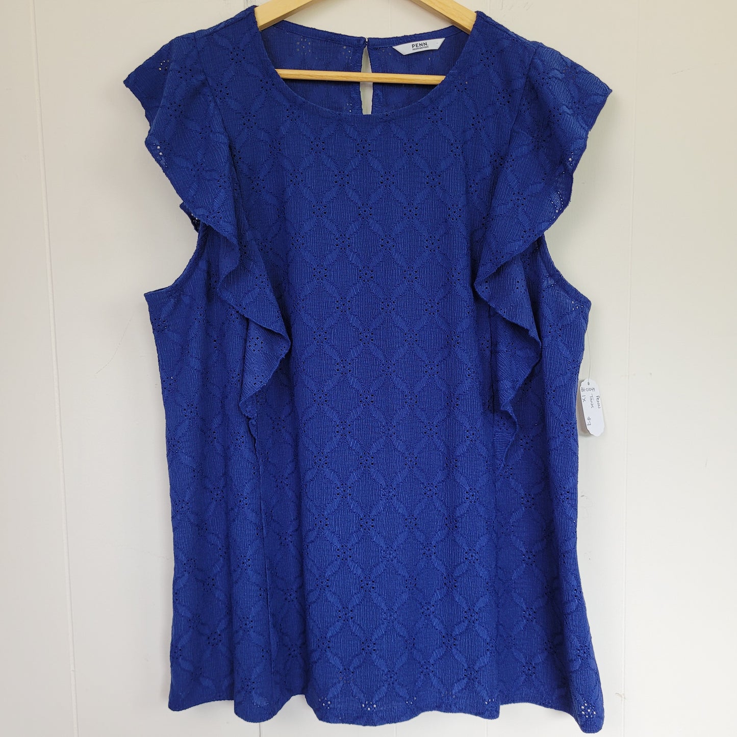 Royal Blue Eyelet Ruffle Sleeve Blouse - PENN. Penningtons (1X)