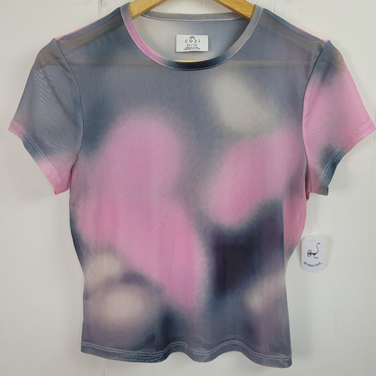 Pink & Grey Abstract Mesh Short Sleeve Top - Cozi (XL)