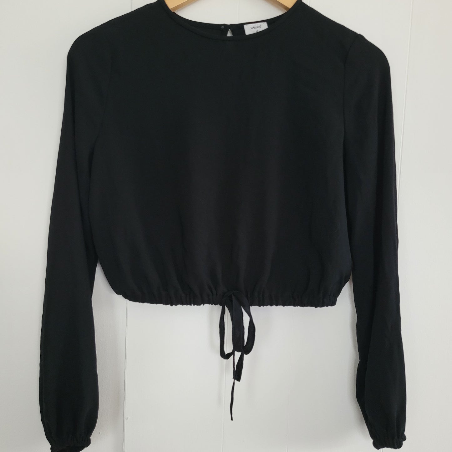 Black Cropped Long Sleeve Blouse - Tie Front - Wilfred (Size XS)