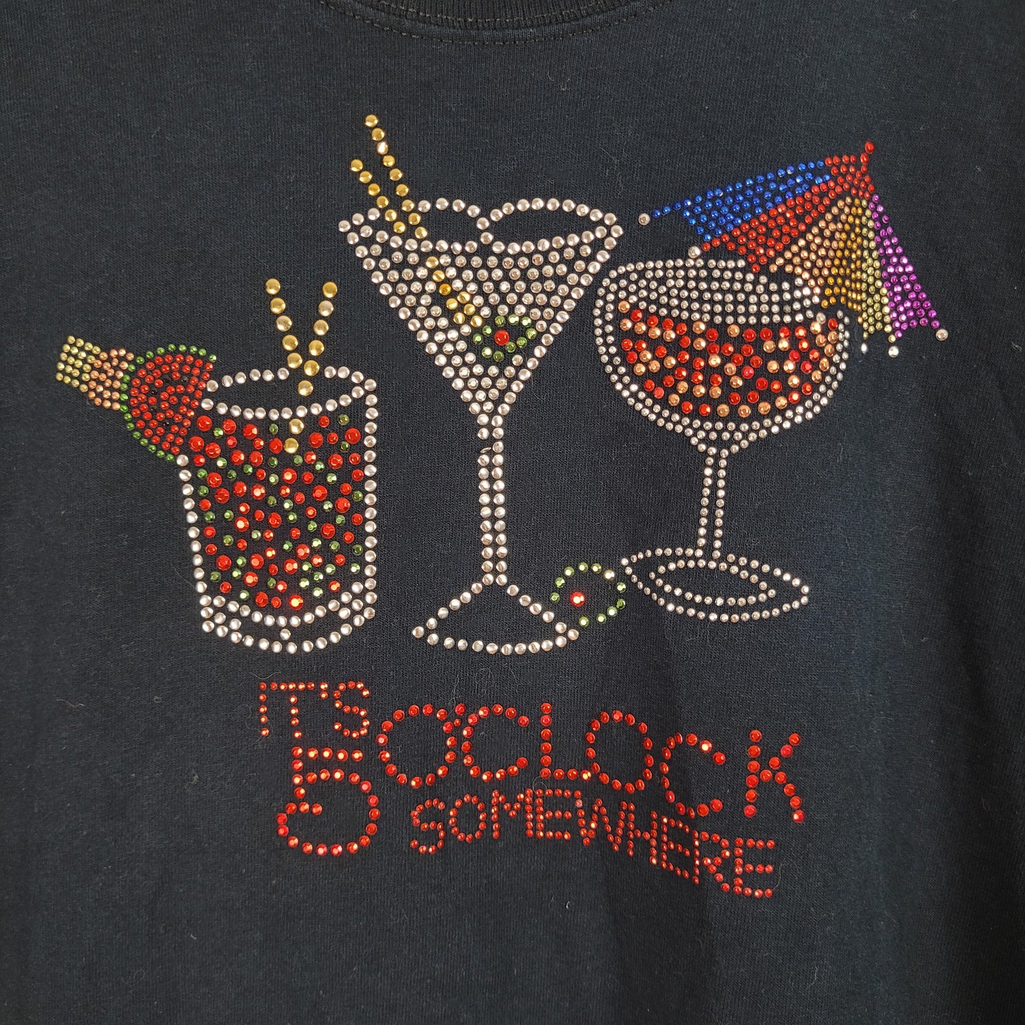 Black It's 5 O'Clock Somewhere Rhinestone Graphic Tee (Large)