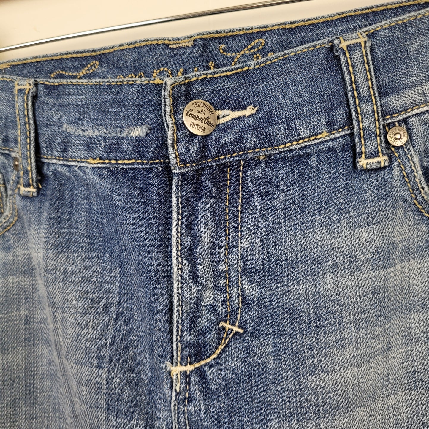 Light Wash Distressed Denim Mini Skirt - Campus Crew (Size 8)