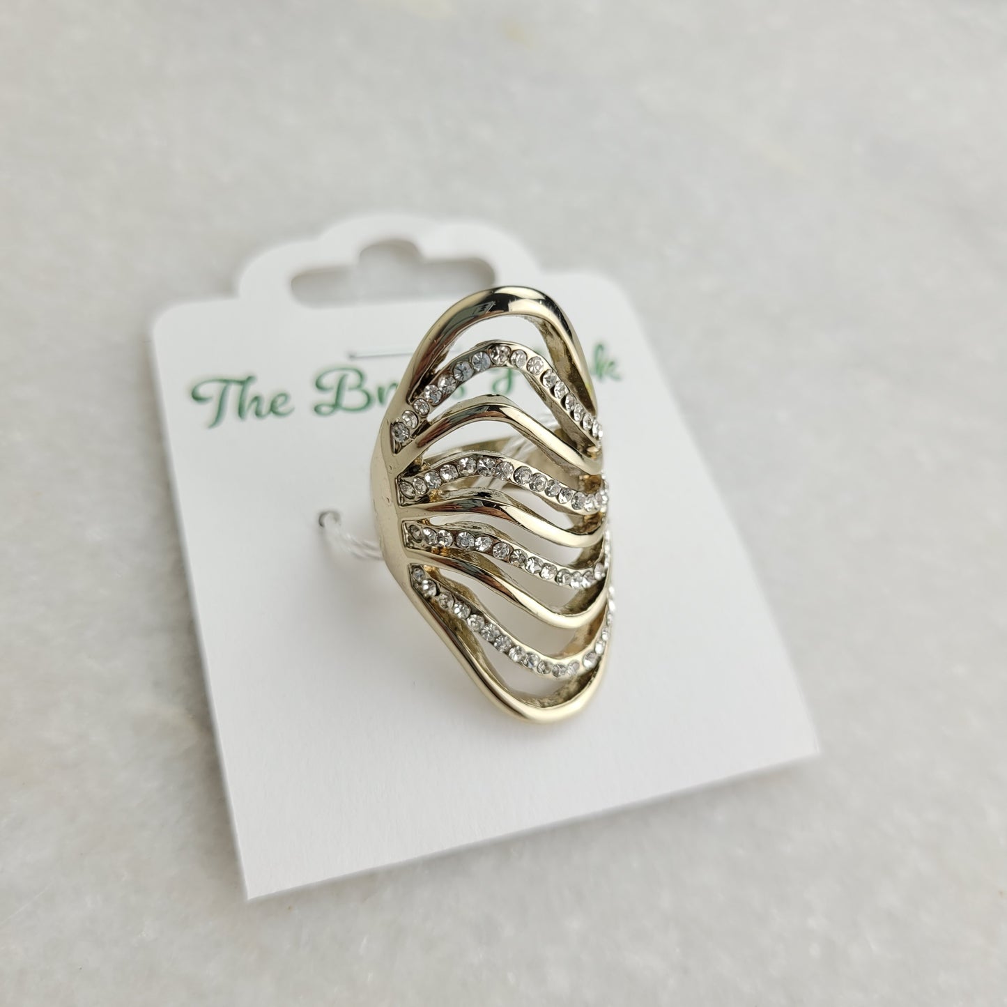 Gold Tone Openwork Rhinestone Statement Ring (Size 6.5–7)