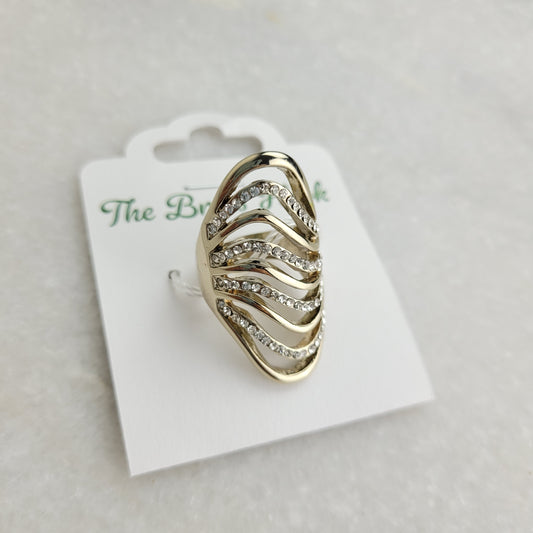 Gold Tone Openwork Rhinestone Statement Ring (Size 6.5–7)