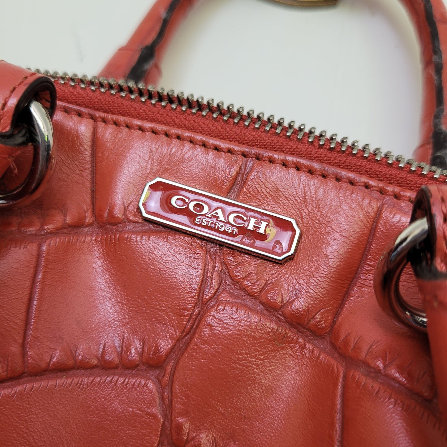 Coral Orange Madison Embossed Leather Satchel - Coach