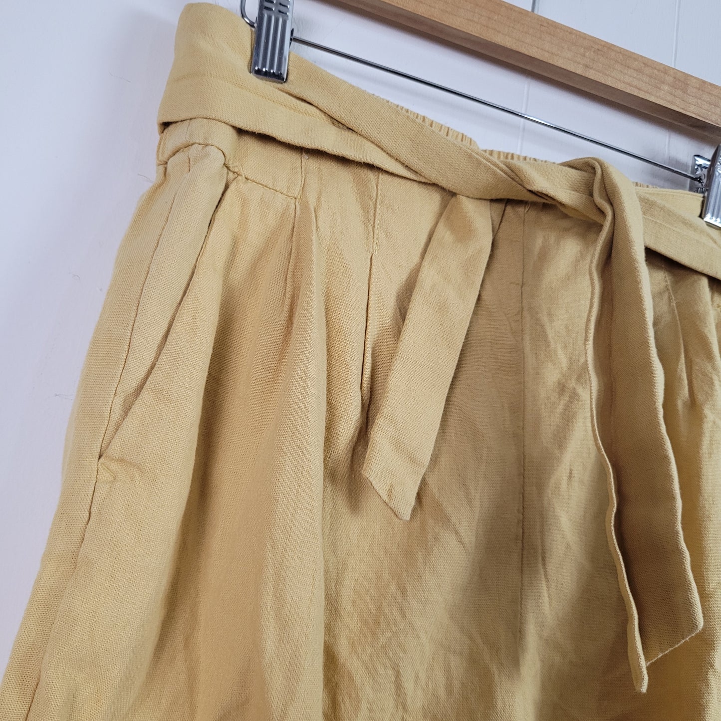 Mustard Linen Blend Paperbag Tie Waist Shorts - Dynamite (Small)