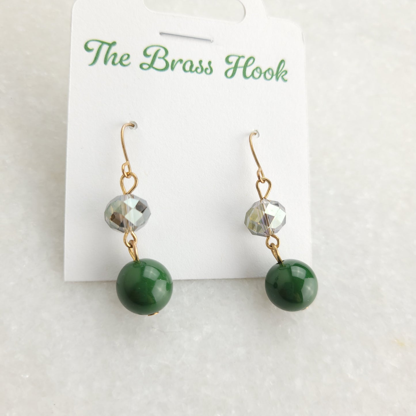 Green Beaded Drop Earrings with Faceted Crystal Accents
