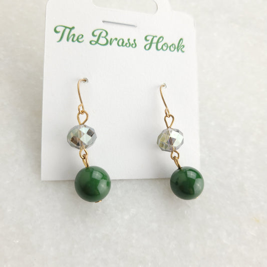 Green Beaded Drop Earrings with Faceted Crystal Accents