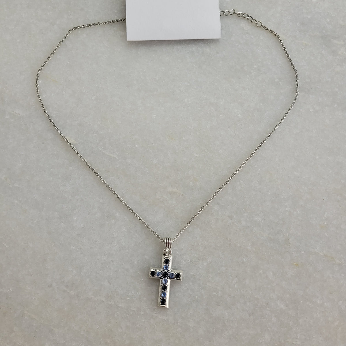 Silver-Tone Blue Rhinestone Cross Necklace