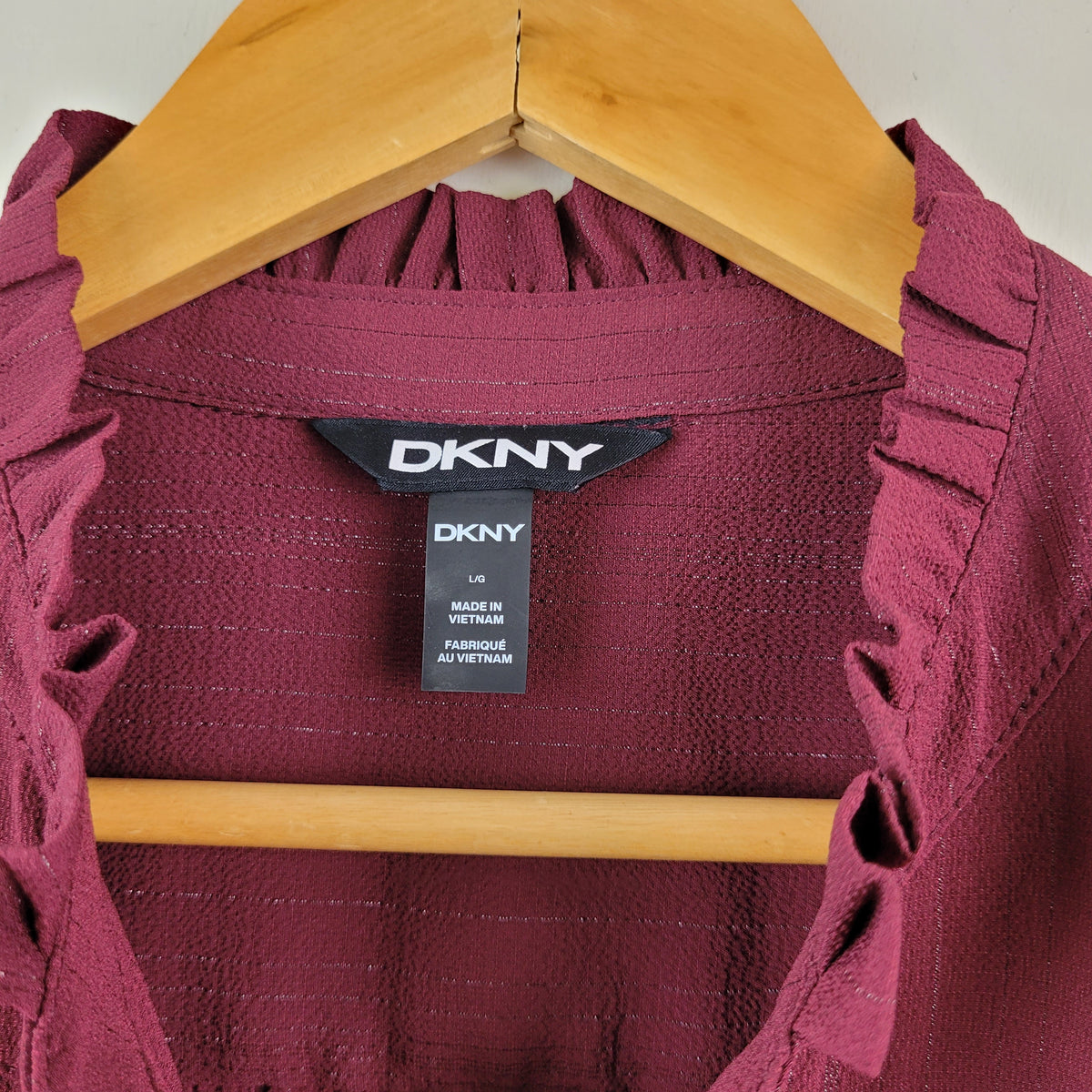 Burgundy Ruffle Neck Button-Front Blouse - DKNY (Size L)