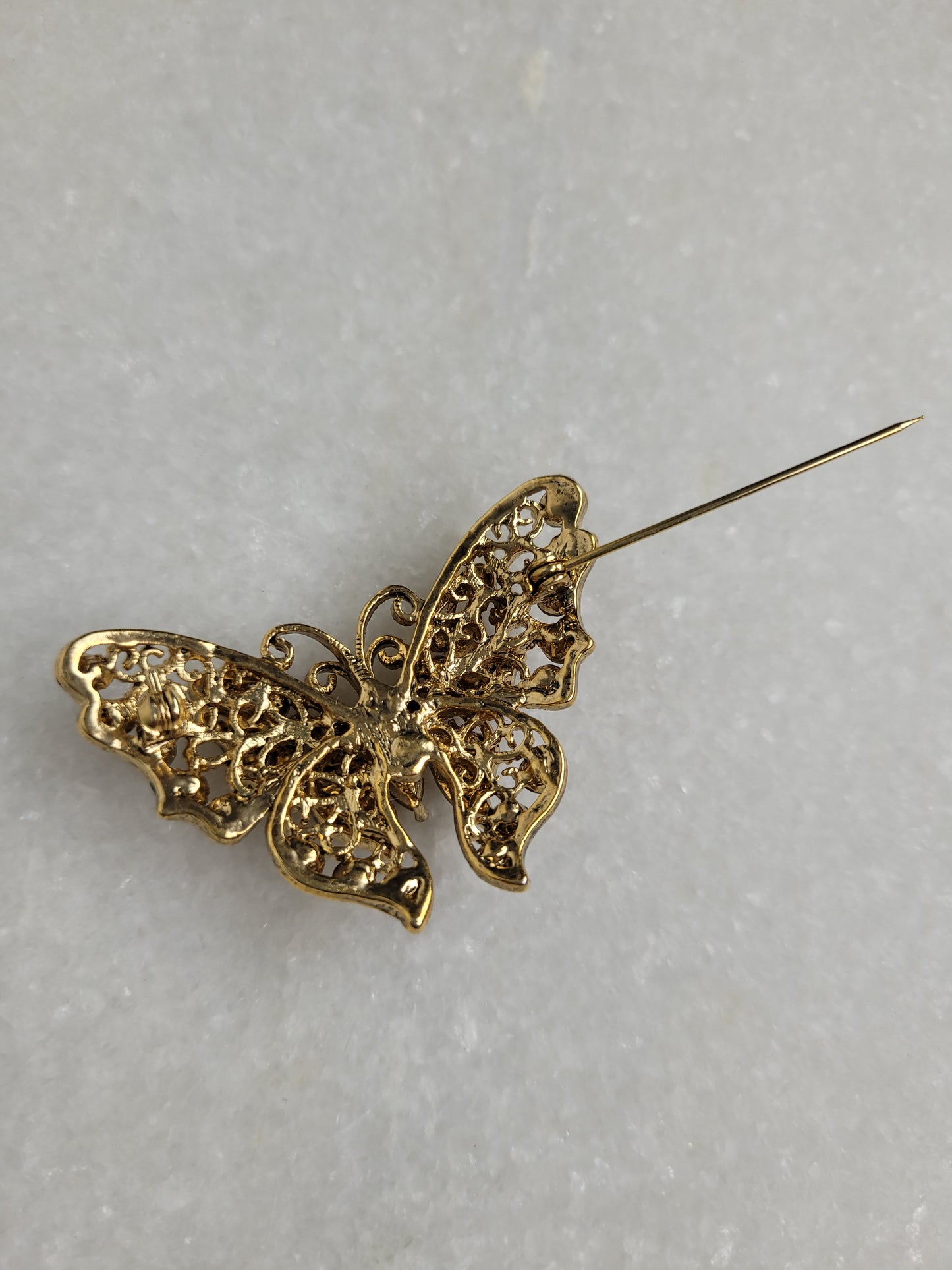 Gold Tone Amber Rhinestone Butterfly Brooch