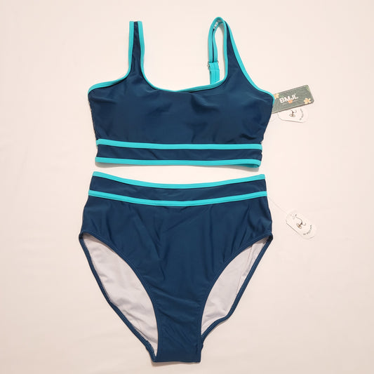 Navy & Turquoise High-Waisted Bikini Set - Blooming Jelly (M)
