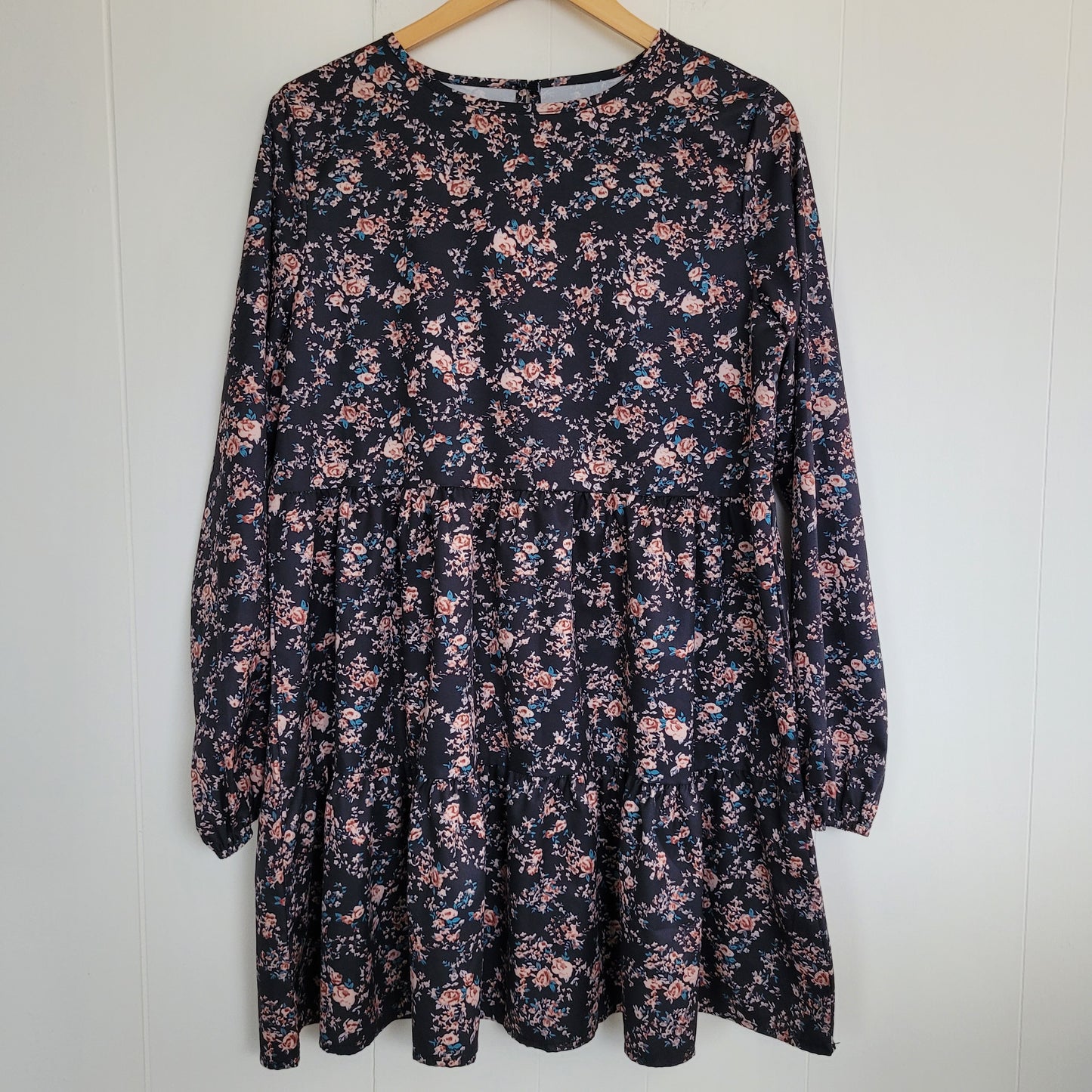 Floral Babydoll Dress - Black Long Sleeve Mini Dress - Size L