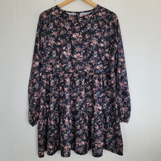 Floral Babydoll Dress - Black Long Sleeve Mini Dress - Size L