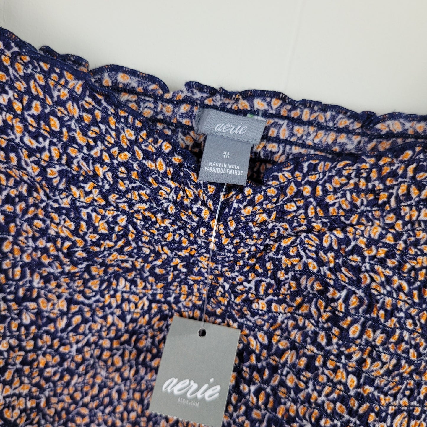 Navy Floral Smocked Cropped Tank Top - Aerie (XL)
