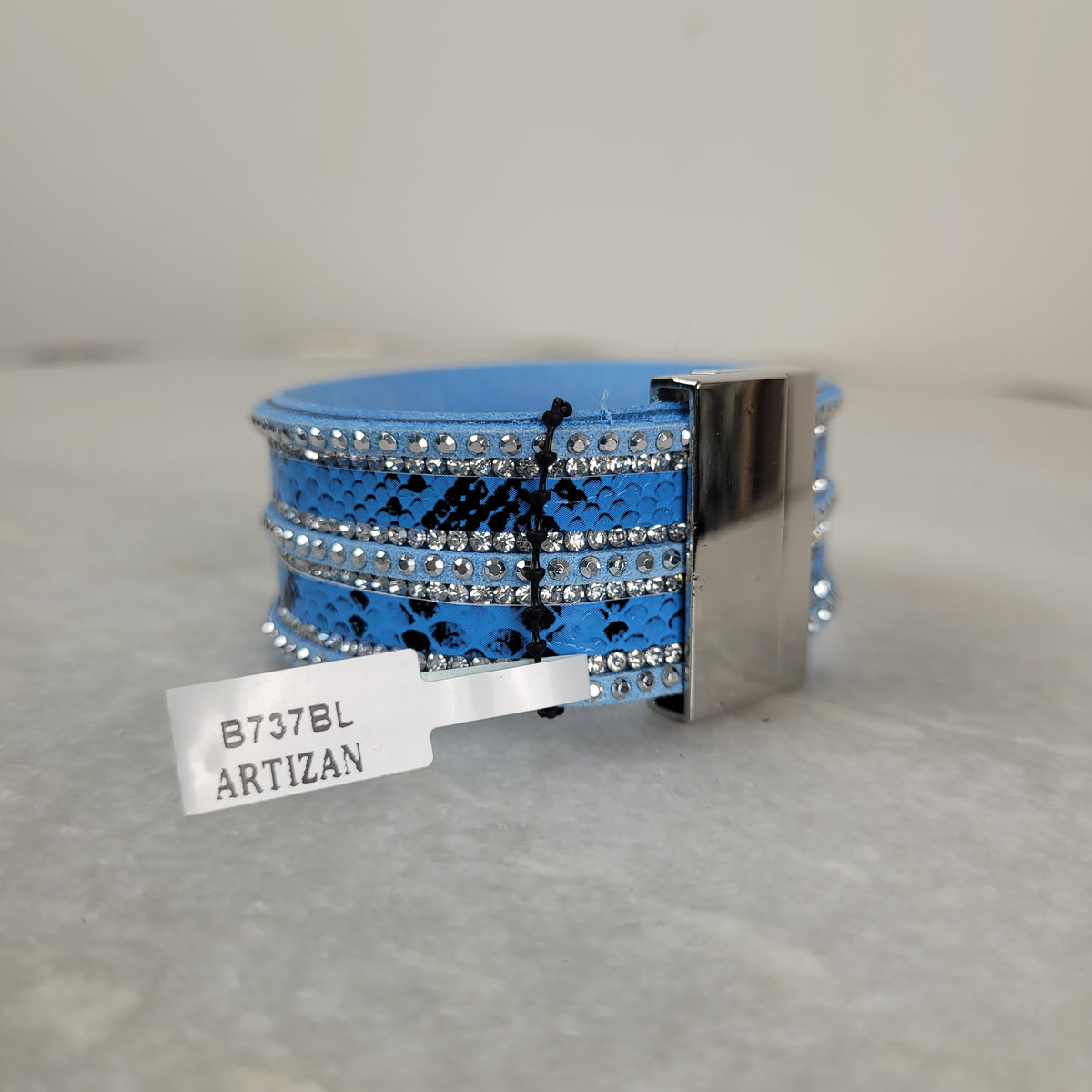 Blue Snake Print Rhinestone Wide Cuff Bracelet