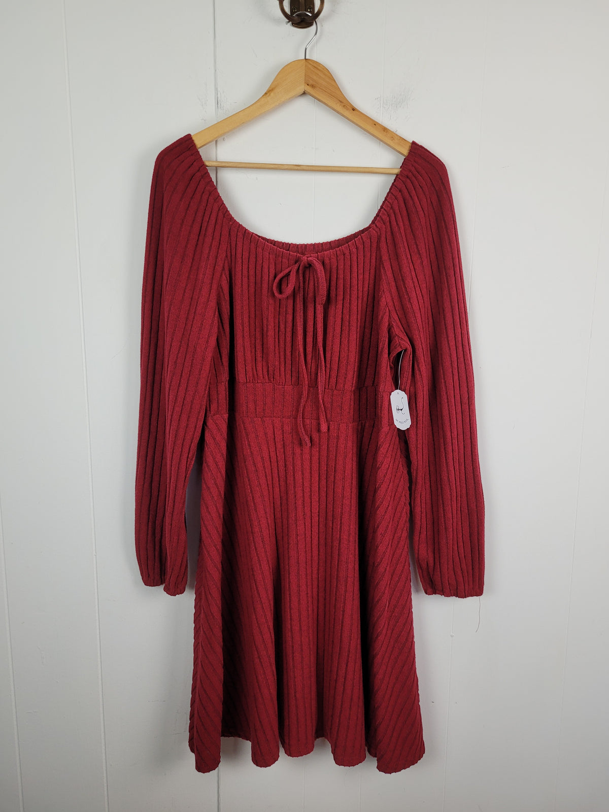 SHEIN 2X Red Ribbed Knit Fit & Flare Long Sleeve Dress