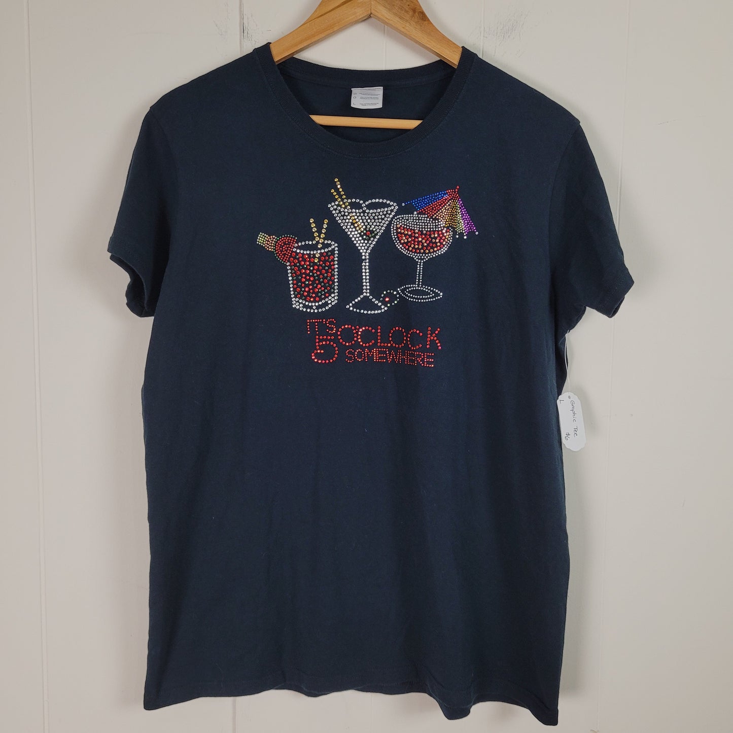 Black It's 5 O'Clock Somewhere Rhinestone Graphic Tee (Large)