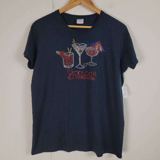 Black It's 5 O'Clock Somewhere Rhinestone Graphic Tee (Large)