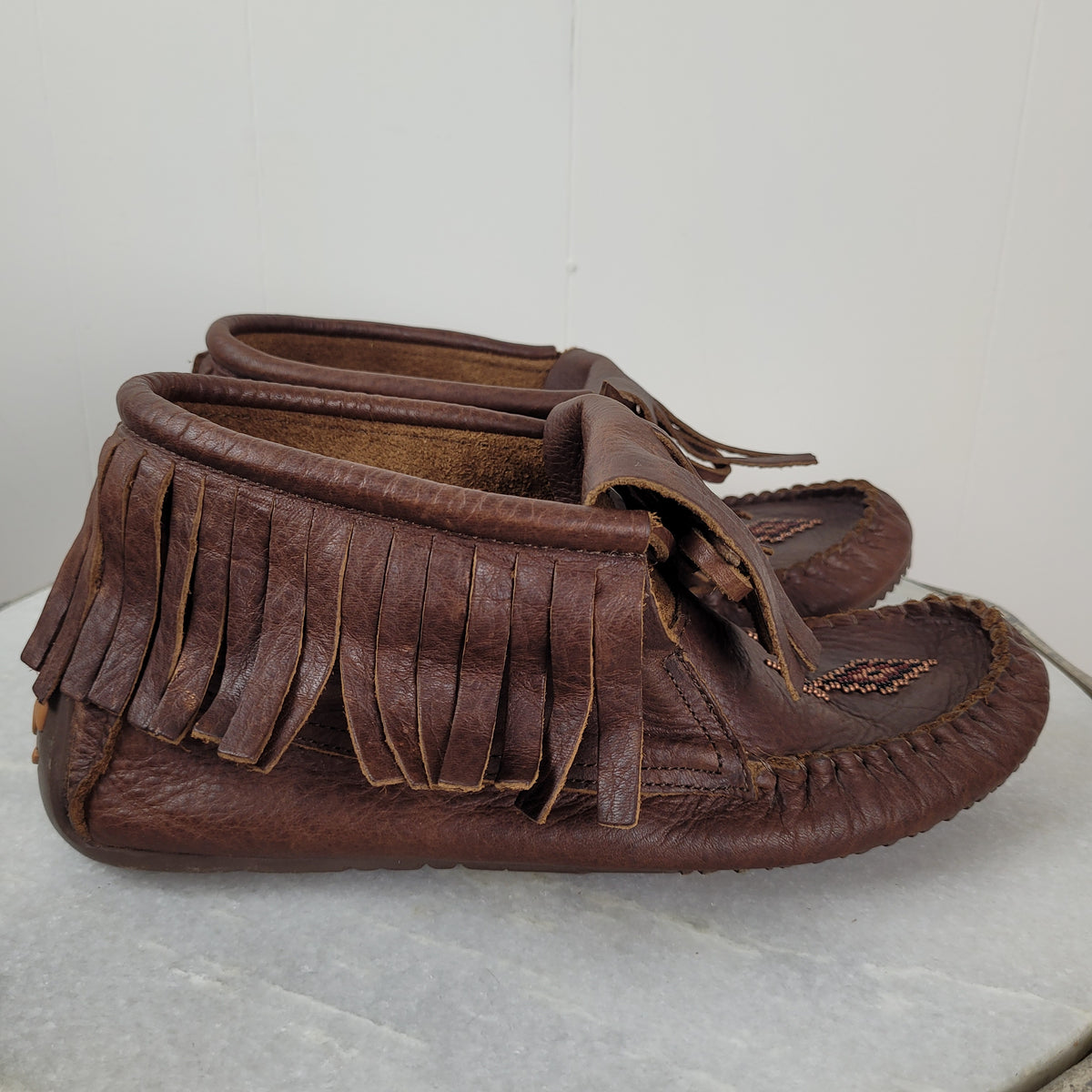 Brown Leather Fringe Ankle Moccasin Boots - Manitobah Mukluks (Size L11/M9)