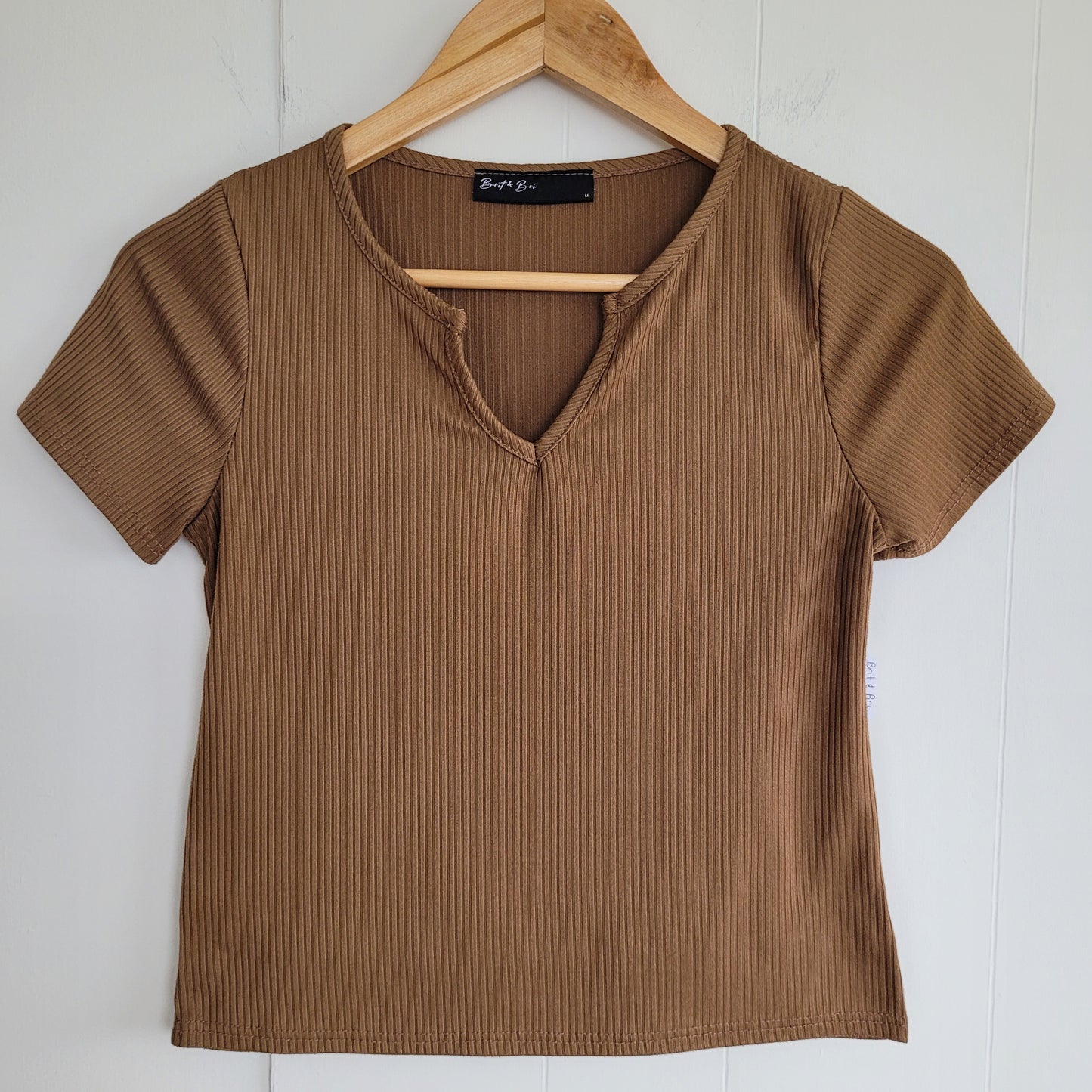 Brown Ribbed Short Sleeve Top V-Neck - Brit & Bri (Medium)