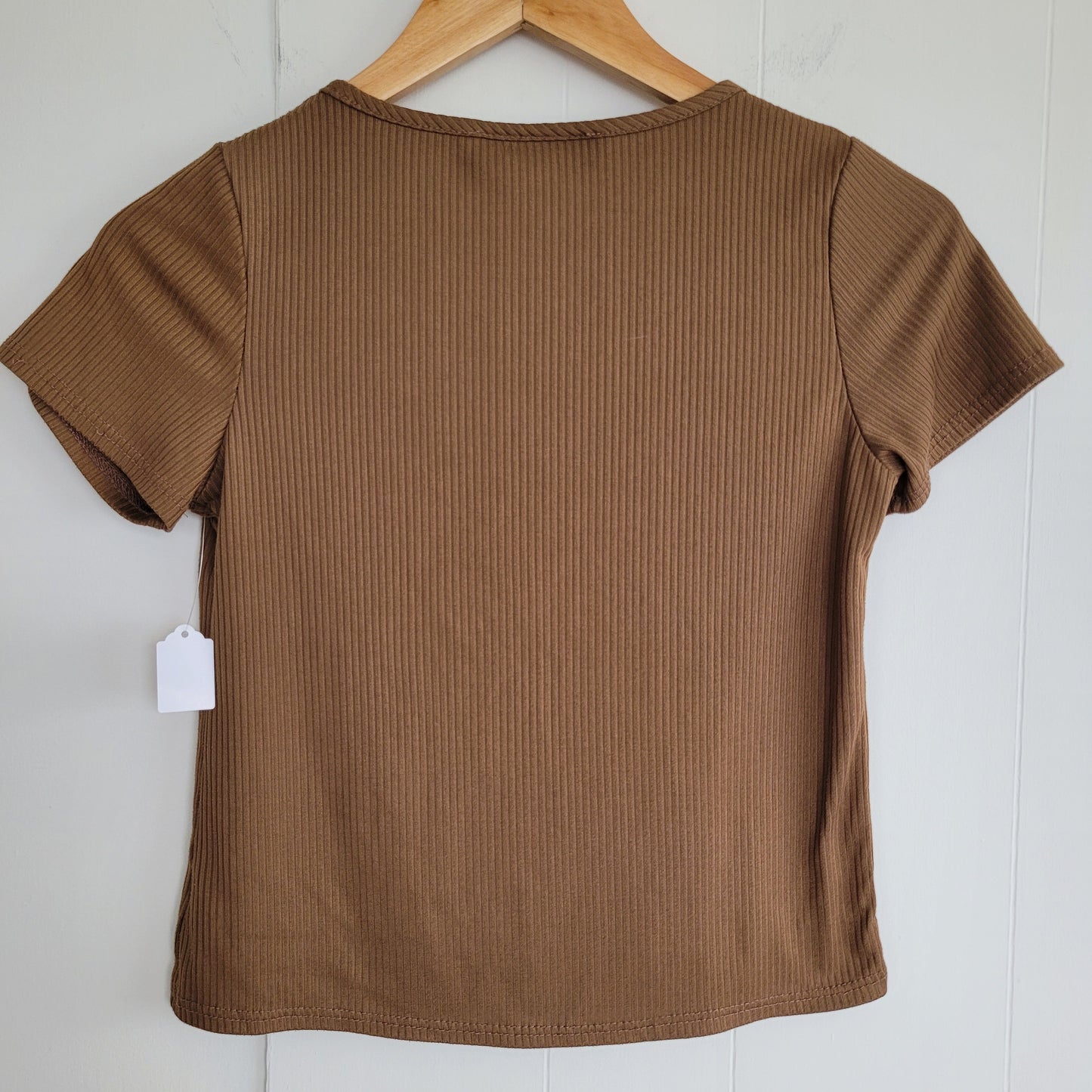 Brown Ribbed Short Sleeve Top V-Neck - Brit & Bri (Medium)