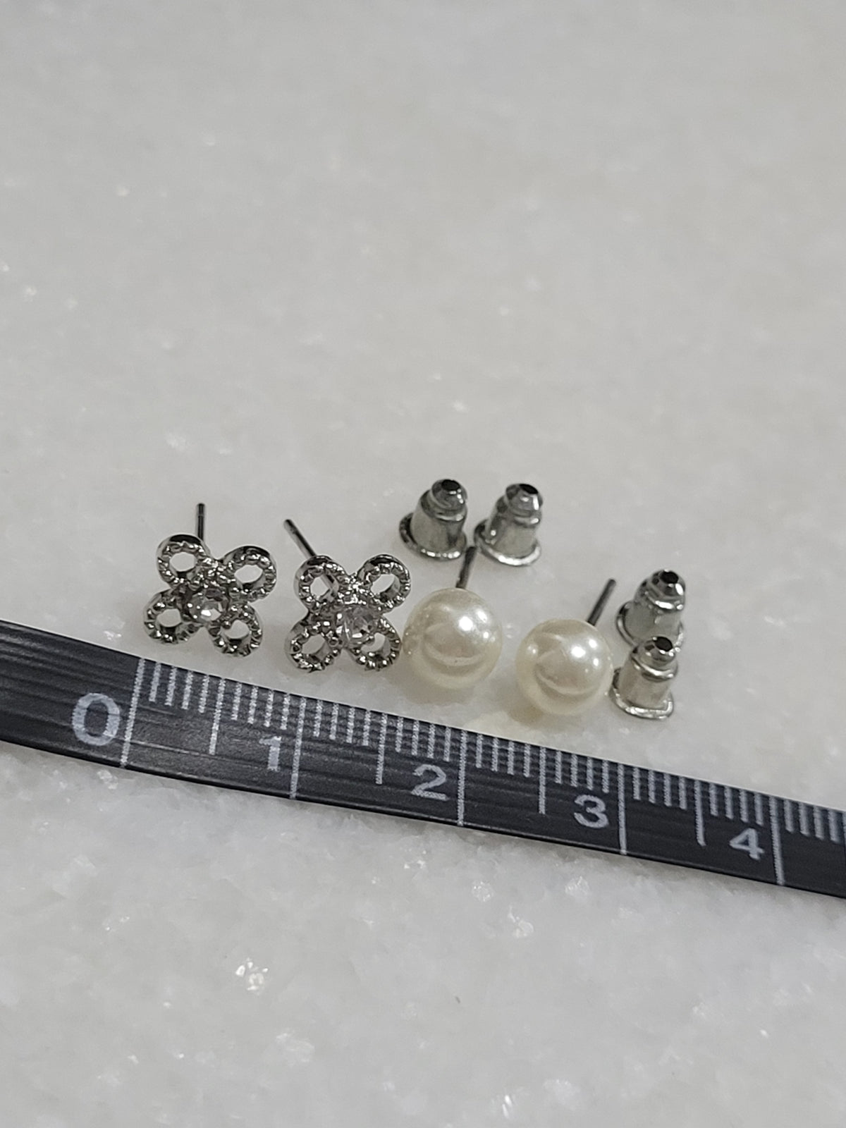 2-Pair Silver Tone Floral & Faux Pearl Stud Earrings