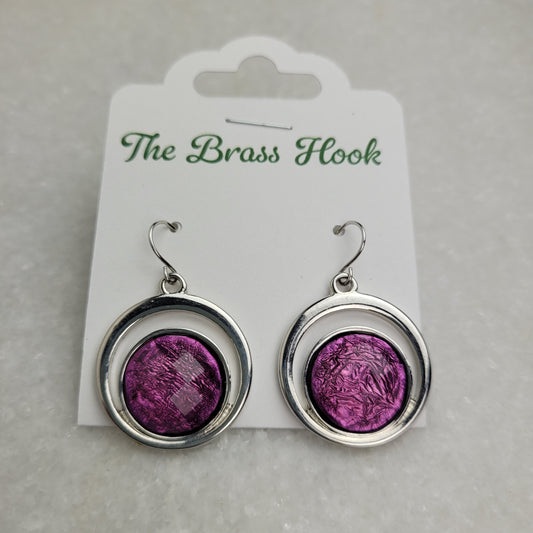 Purple Glass Circle Drop Earrings