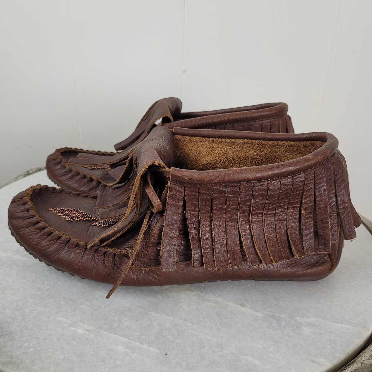 Brown Leather Fringe Ankle Moccasin Boots - Manitobah Mukluks (Size L11/M9)