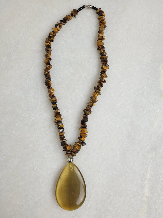 Tiger's Eye Chip Bead Necklace with Teardrop Pendant