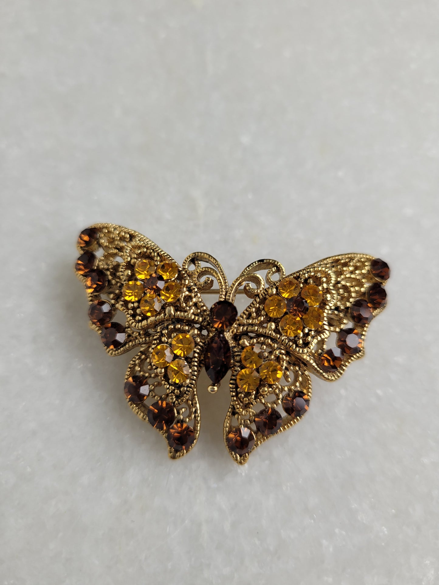 Gold Tone Amber Rhinestone Butterfly Brooch